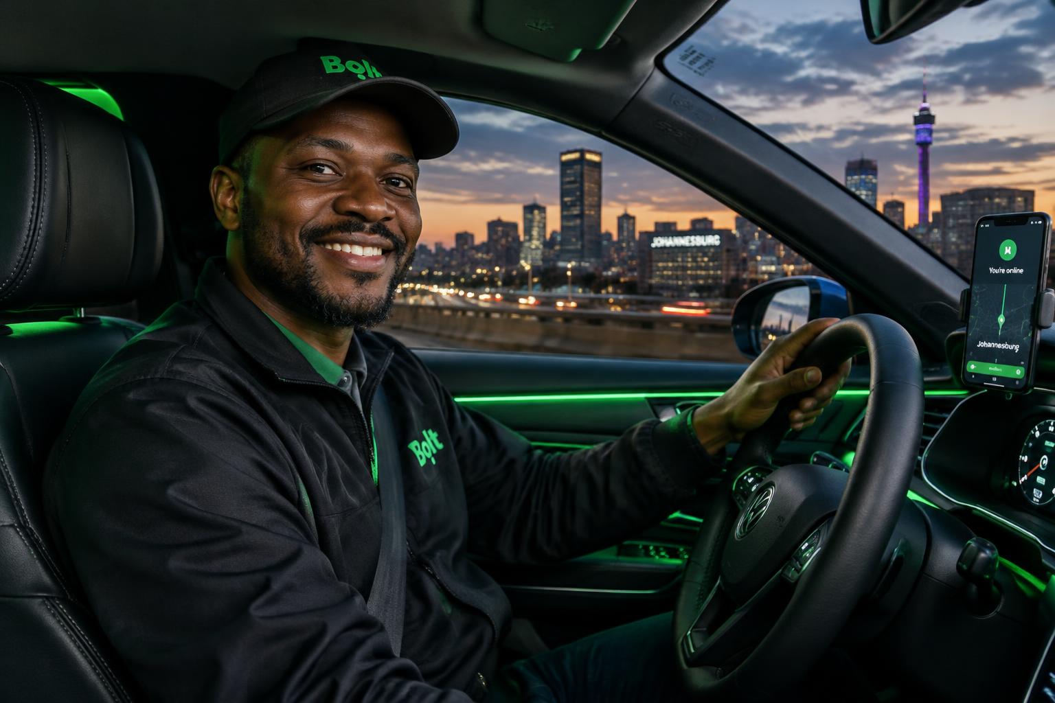 Smiling e-hailing driver at dusk